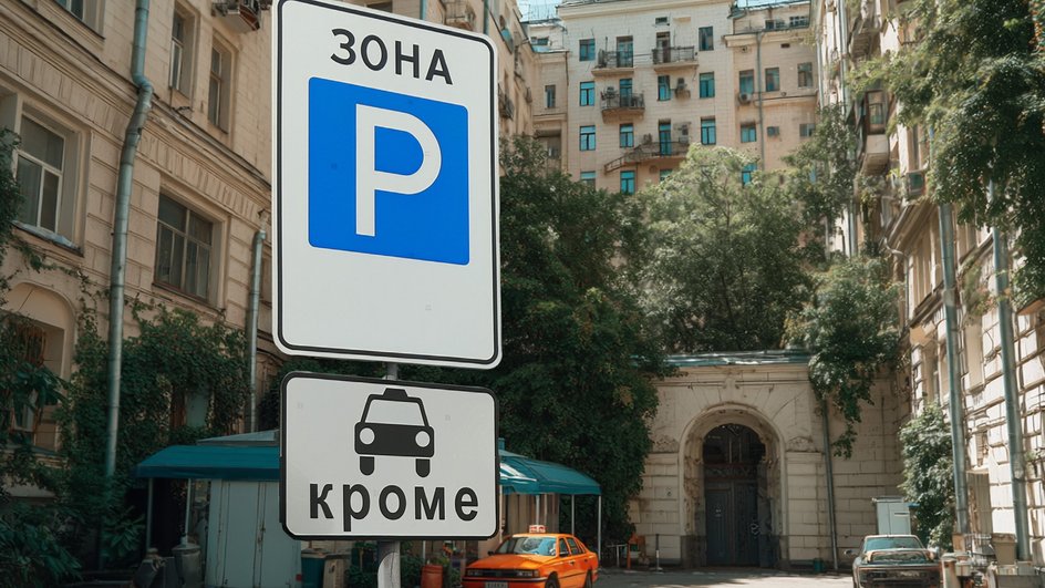 Знак Зона парковки, кроме такси